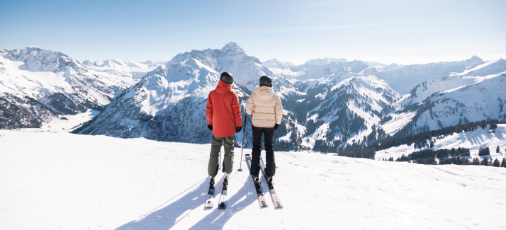 twee skiers op een besneeuwde berg kijken uit op dal