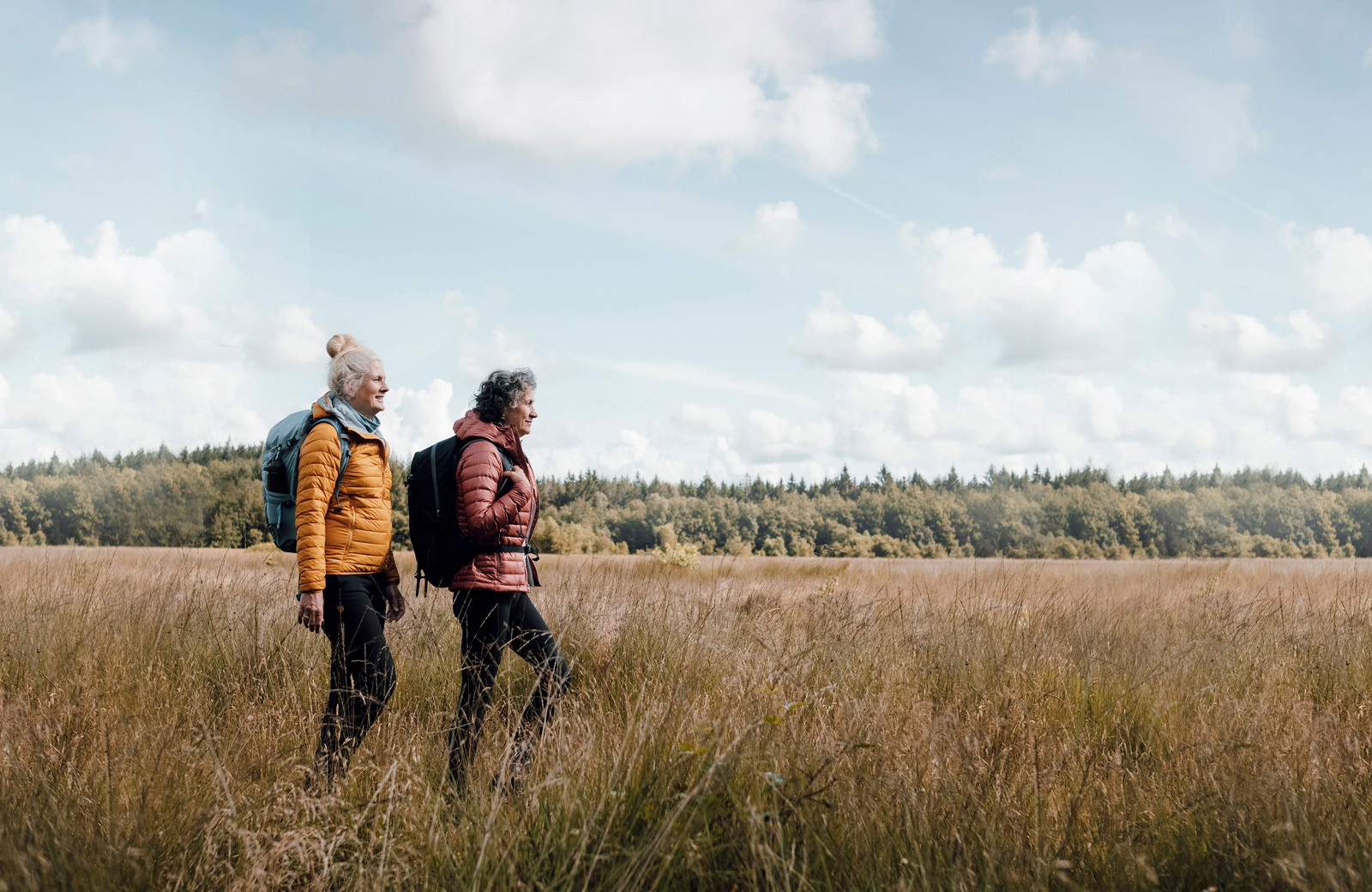 twee wandelaars lopen door een veld