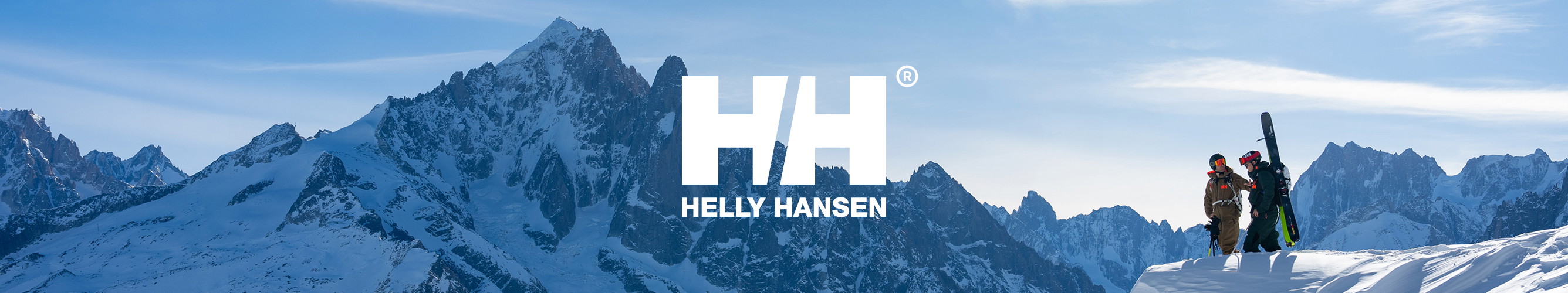 logo van helly hansen met op de achtergron besneeuwde bergen