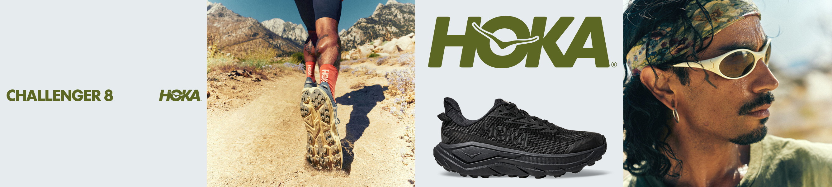 HOKA Challenger 8 hardloopschoen in zwart met beelden van een trailrunner op een rotsachtig pad