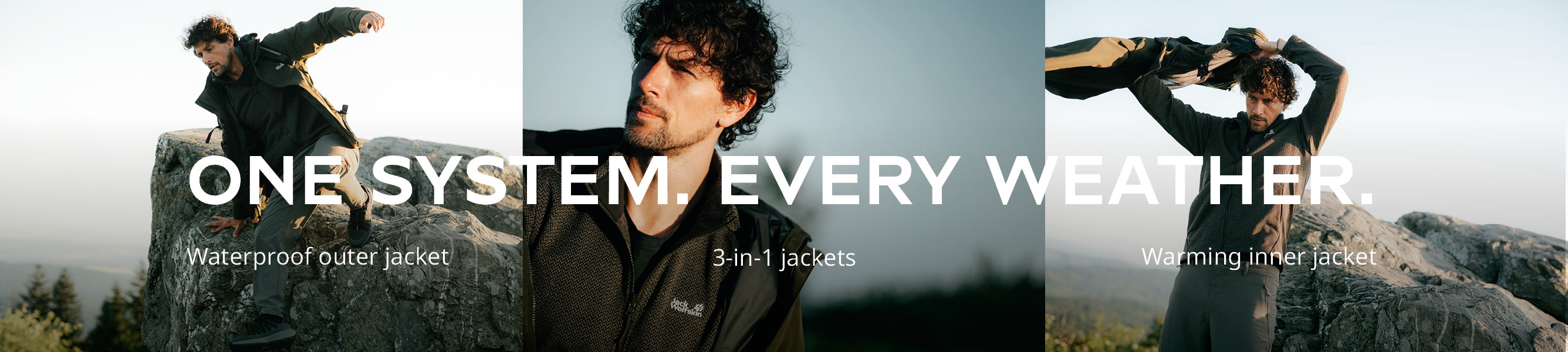 Man draagt verschillende lagen van het Jack Wolfskin 3-in-1 jassensysteem voor bescherming tegen wisselende weersomstandigheden.